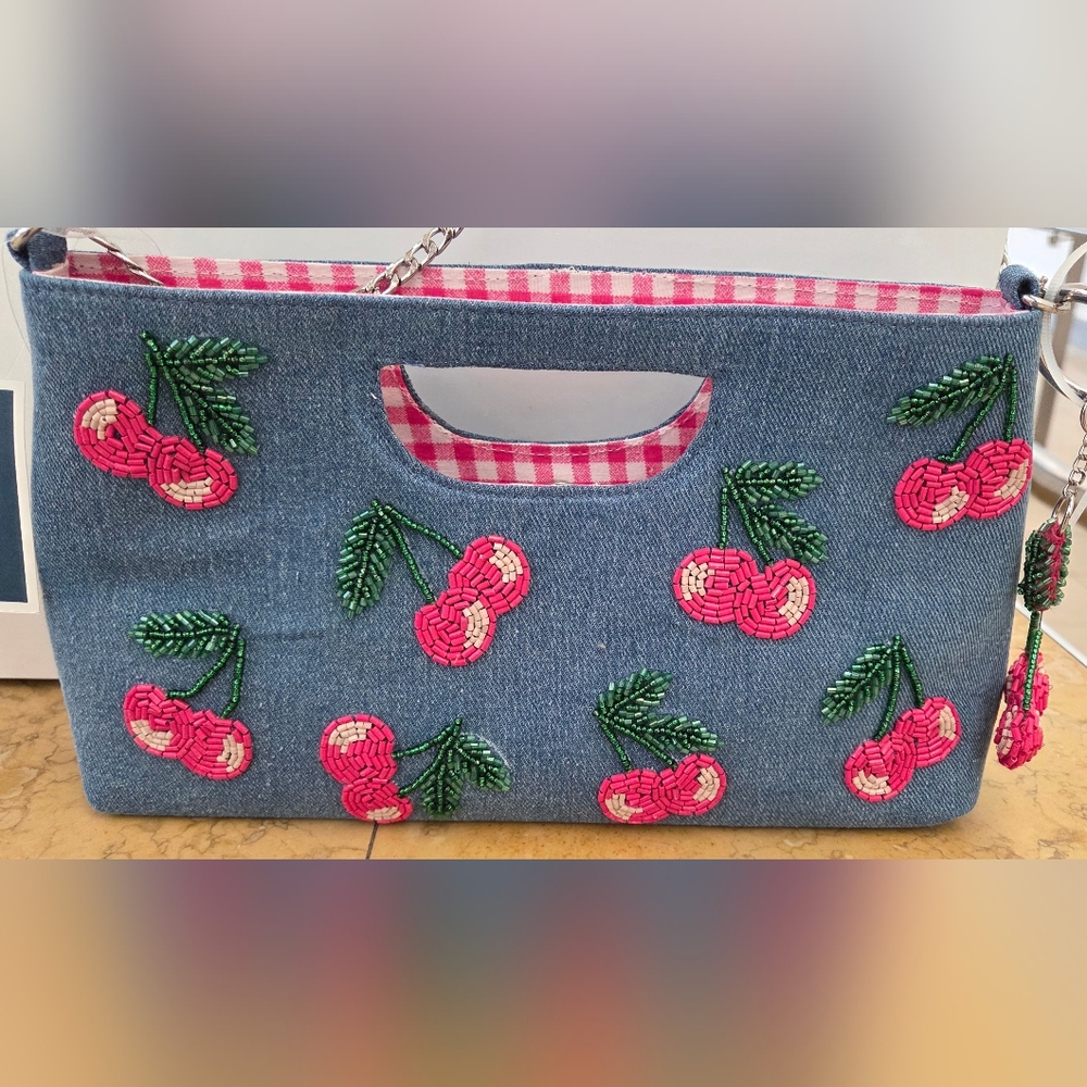 Denim Beaded Cherry Crossbody Clutch Gigham Lining